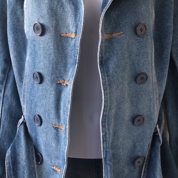 Rampage Size Med Vintage Double Breasted Belted Blue Denim Jacket with Pockets - Picture 12 of 16